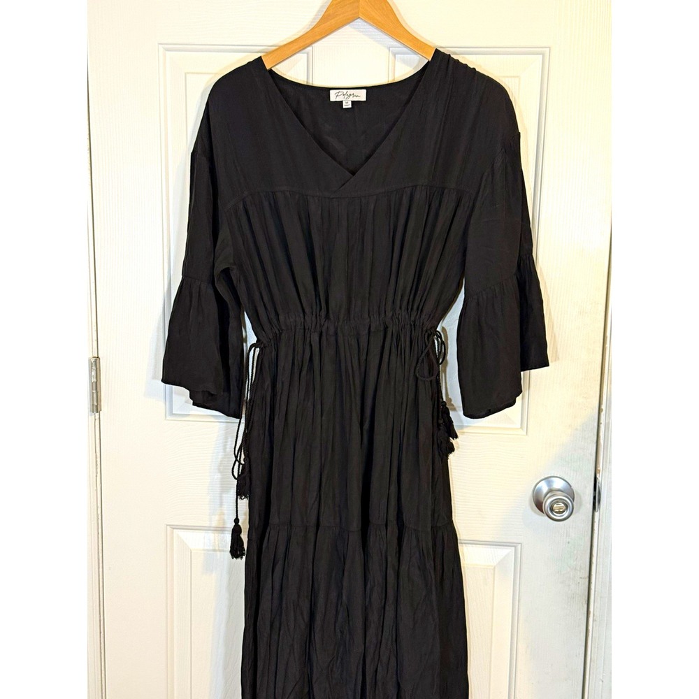 Polagram Black Boho V-Neck 3/4 Bell Sleeve A-Line Midi Dress Size M Classic